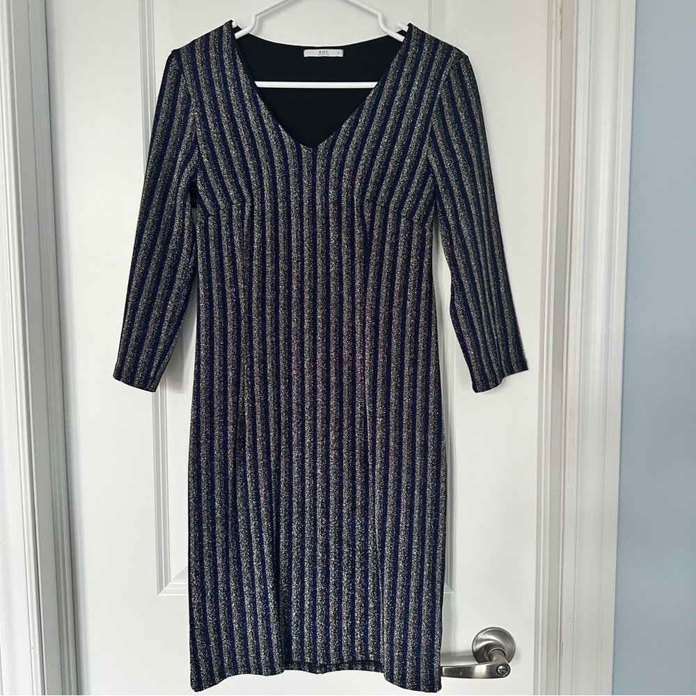 Black, Gold, and Blue Cocktail Dress, 3/4 Sleeve, date night dress - Picture 2 of 11